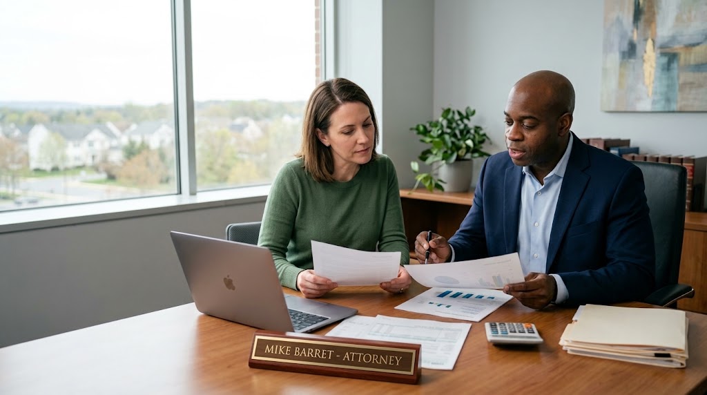 Mike Barret, Esq during a client with attorney consultation for child support