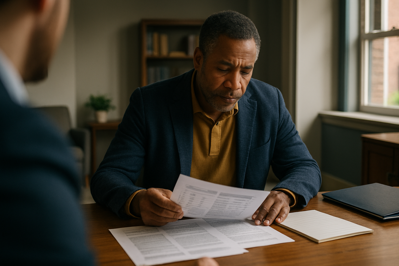 Person at home desk with financial papers and notes, preparing for a legal consultation.