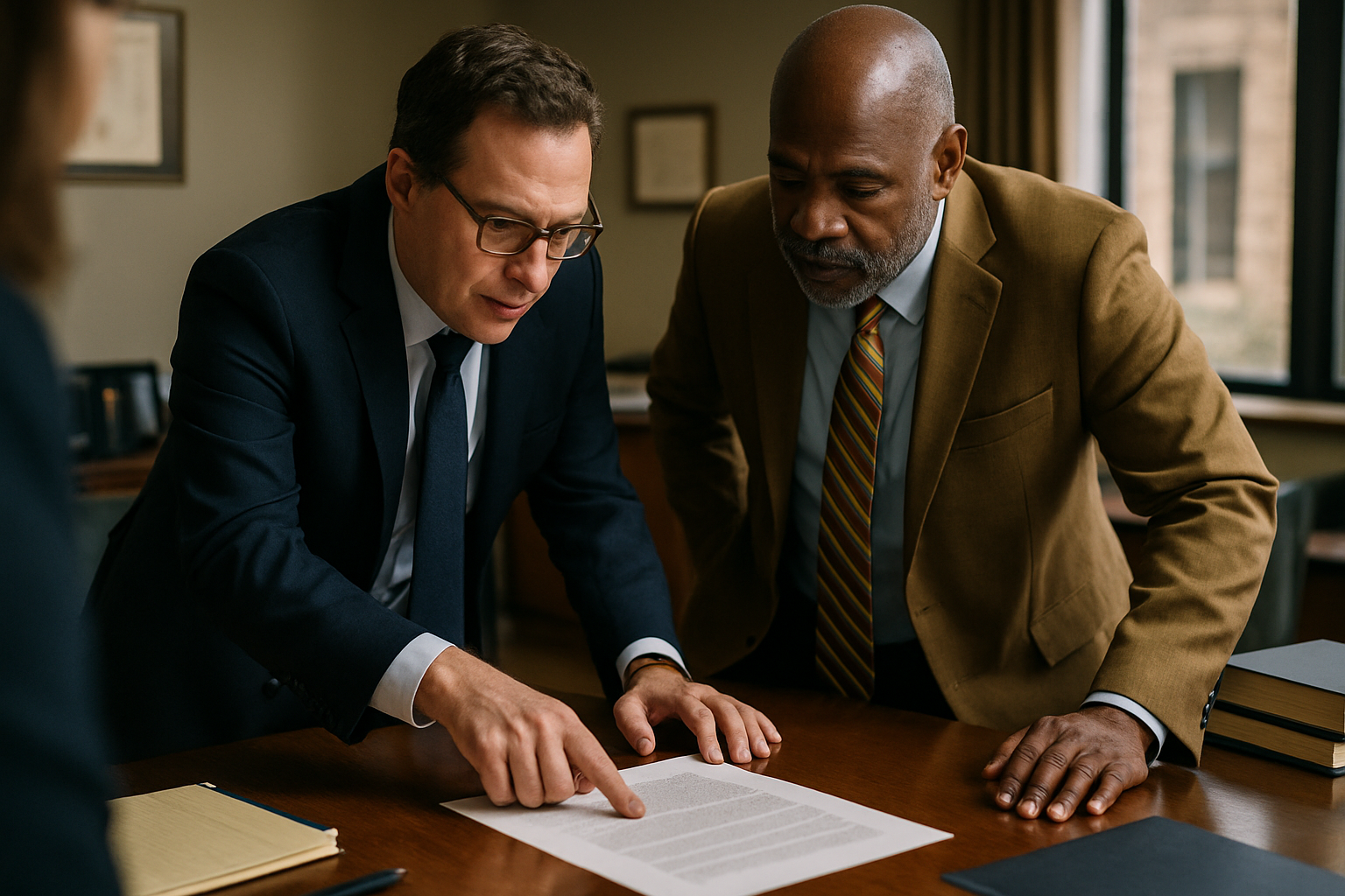 Two professionals in an office review a document together, one pointing to text as they discuss.