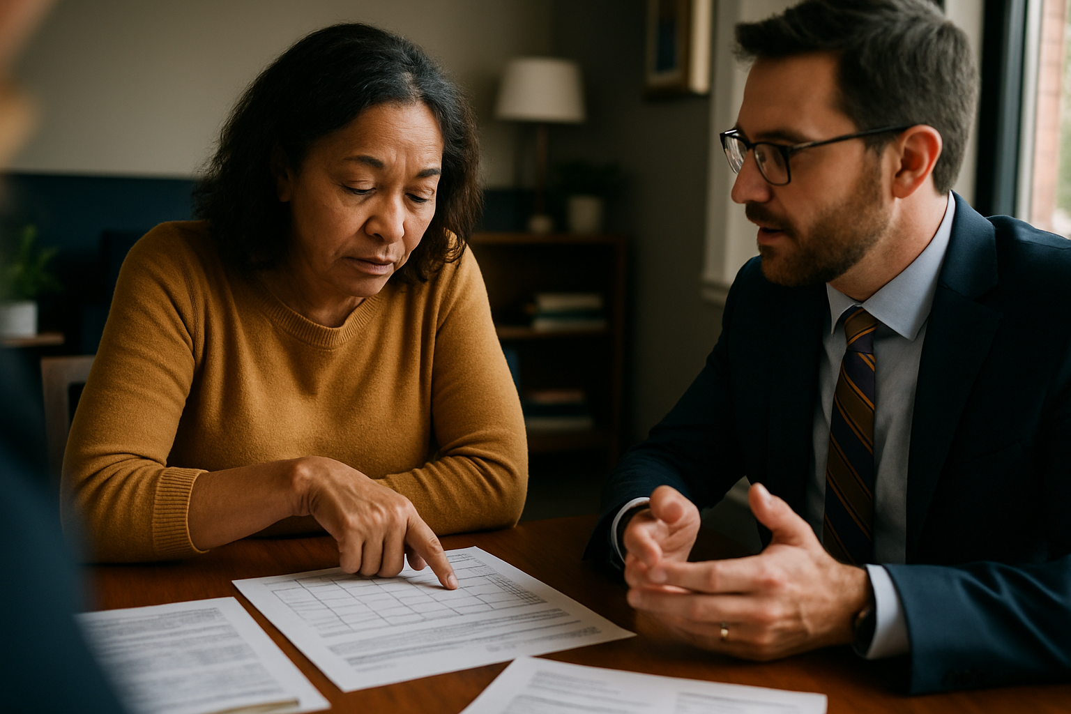 Person at kitchen table with calendar and financial documents, reviewing timeline of changes.