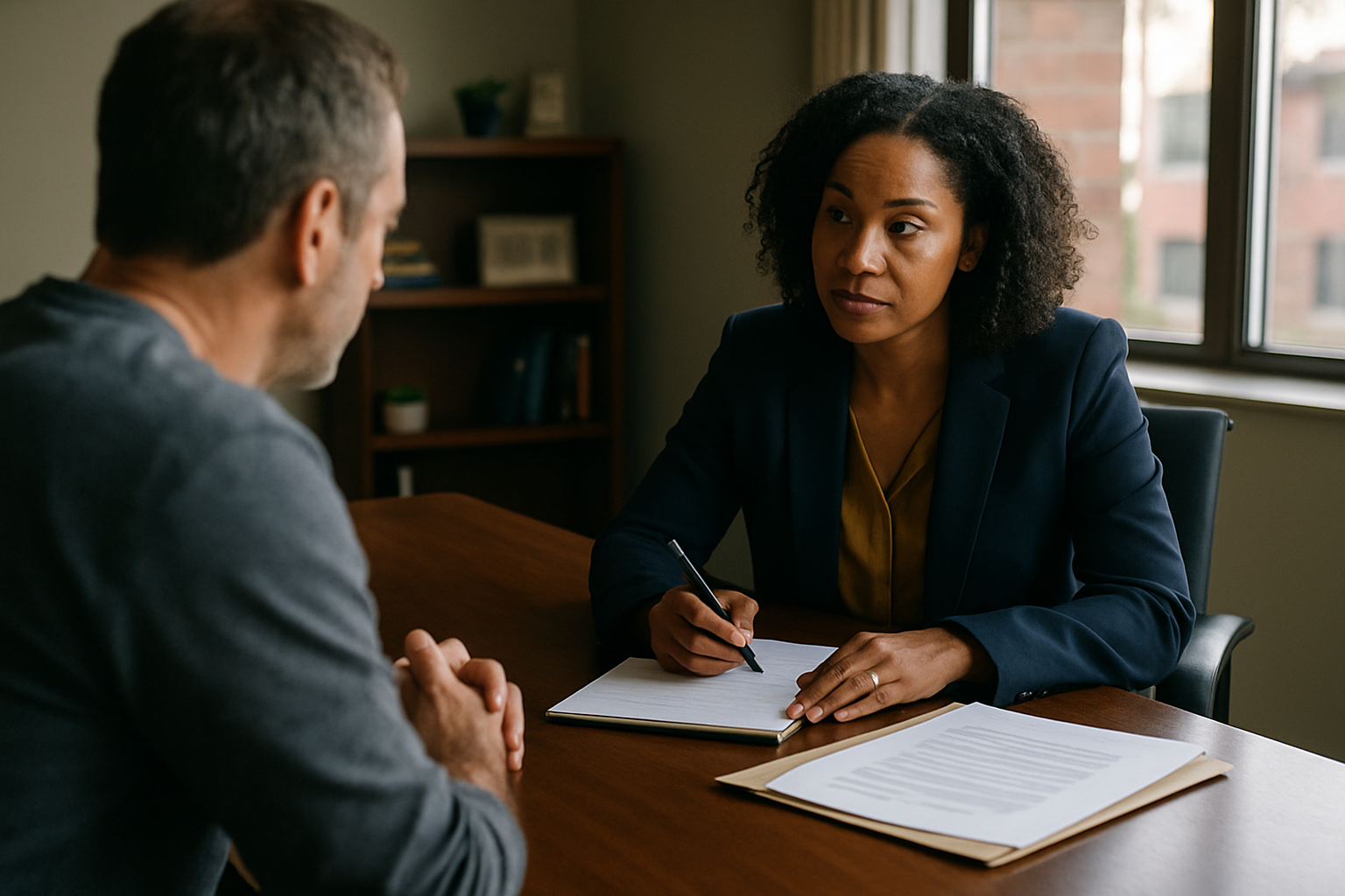 Attorney and client sit across from each other at a desk in an office, with papers and notes between them.