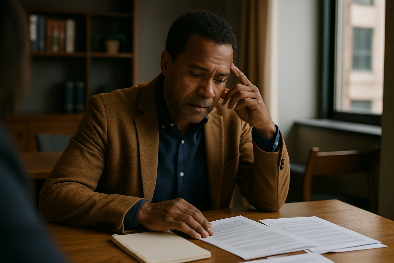 Person at a kitchen table with notepad and documents, reviewing paperwork alone.
