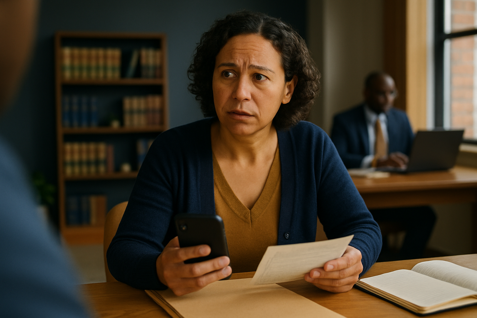 Parent at kitchen table holding phone, papers and notebook in front of them.