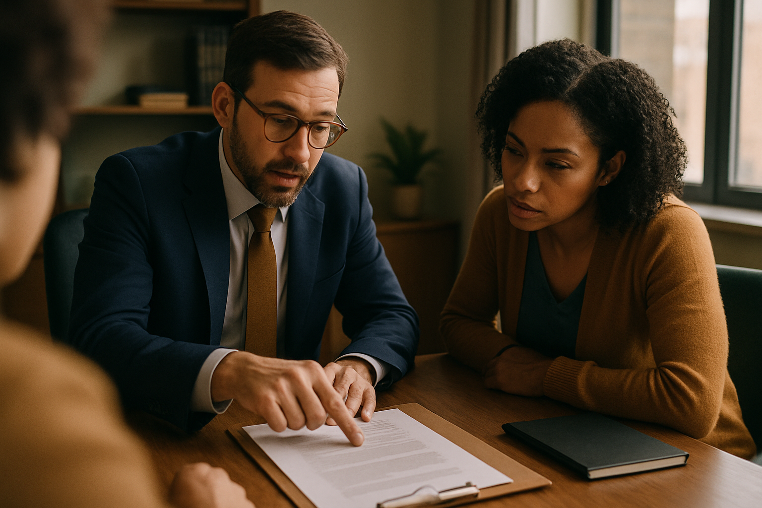 Lawyer points to document while talking with client across desk in office.