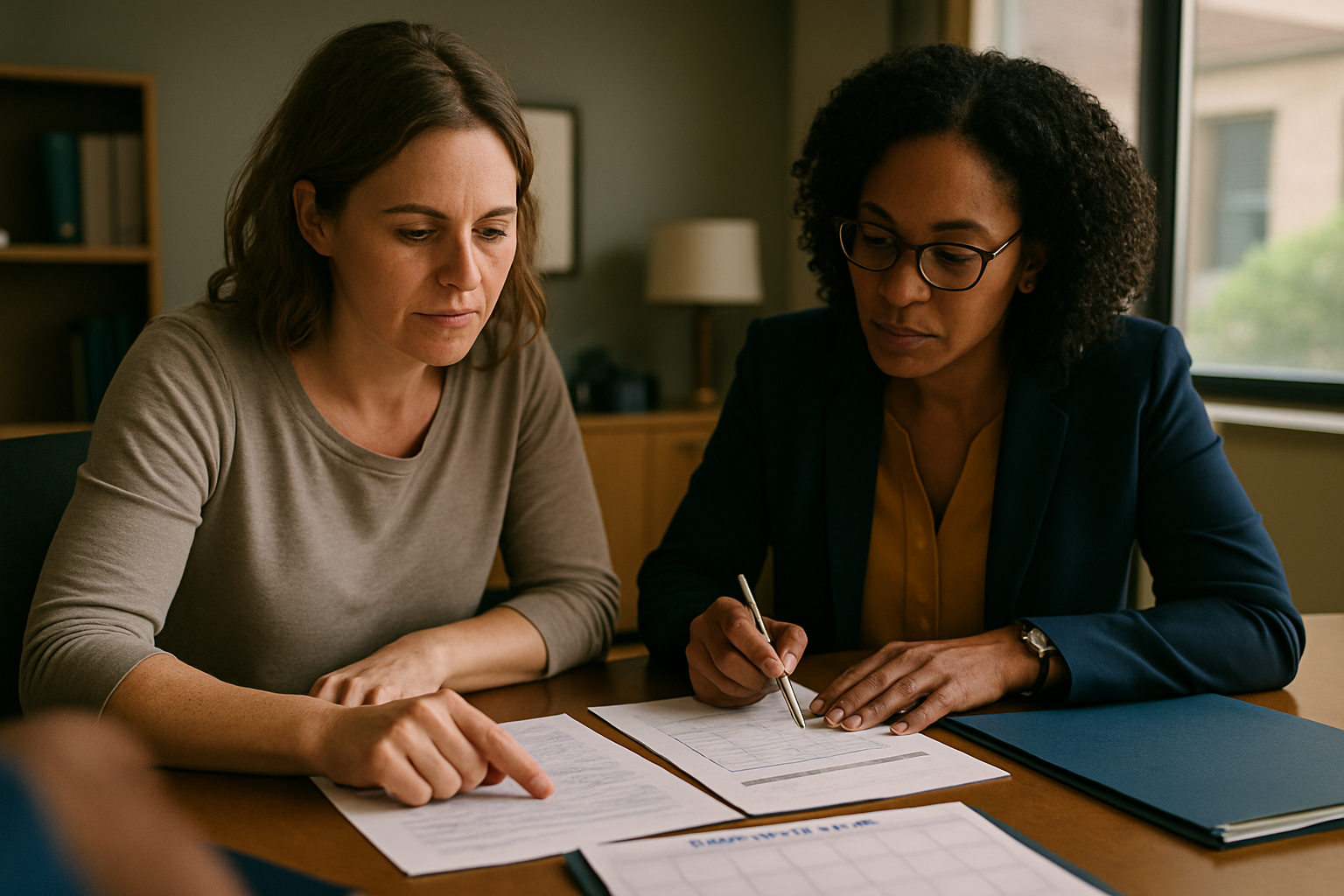 Parent and lawyer review documents at desk in office, calendar and papers in front of them.