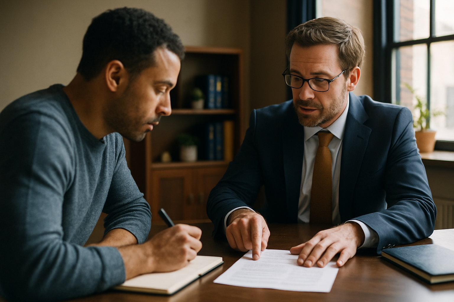 Lawyer and client at a desk, discussing paperwork together.