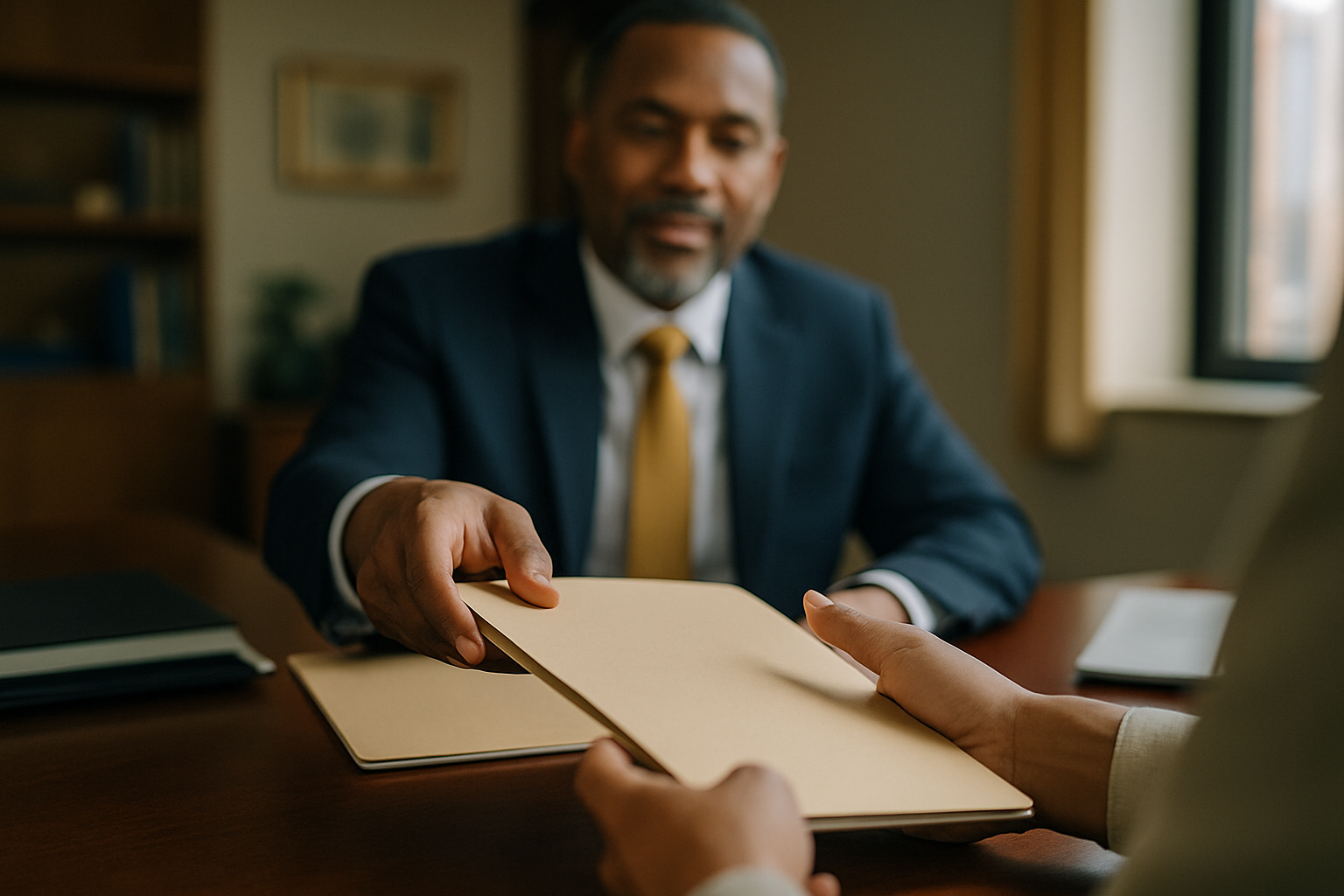 Hands exchanging a folder across a desk in a professional setting.