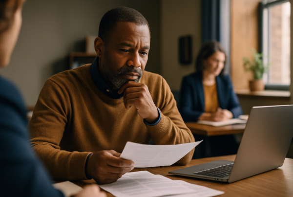Person at home reviewing papers and using a laptop, contemplating next steps.