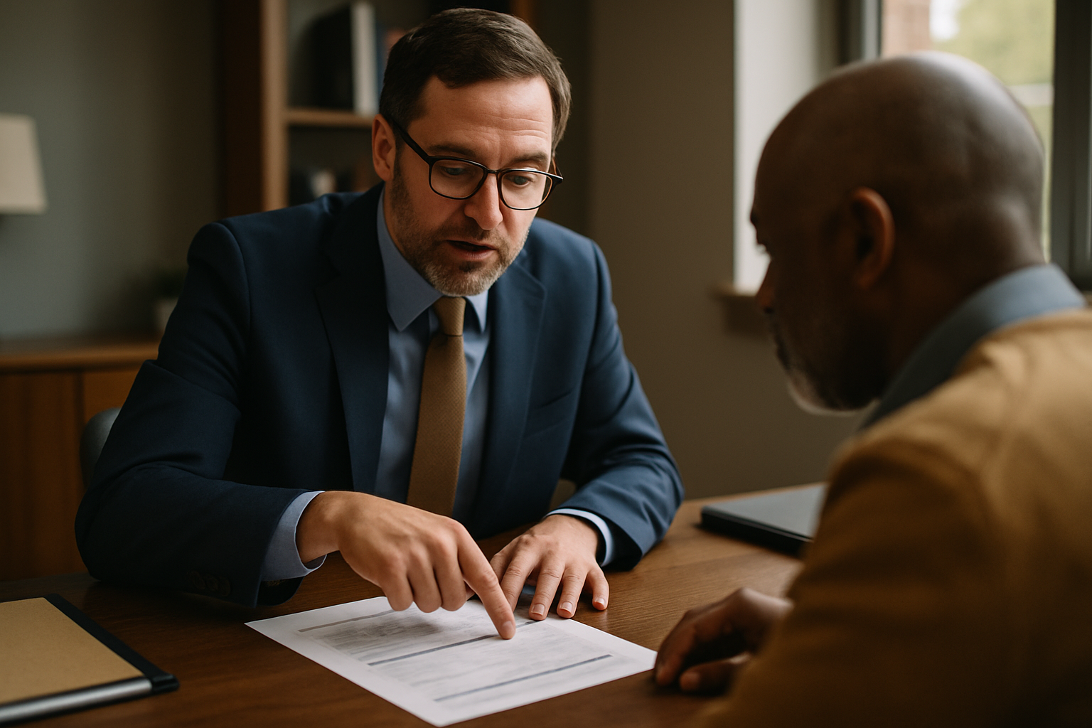 Attorney pointing out details in a business document to a client seated across the desk.
