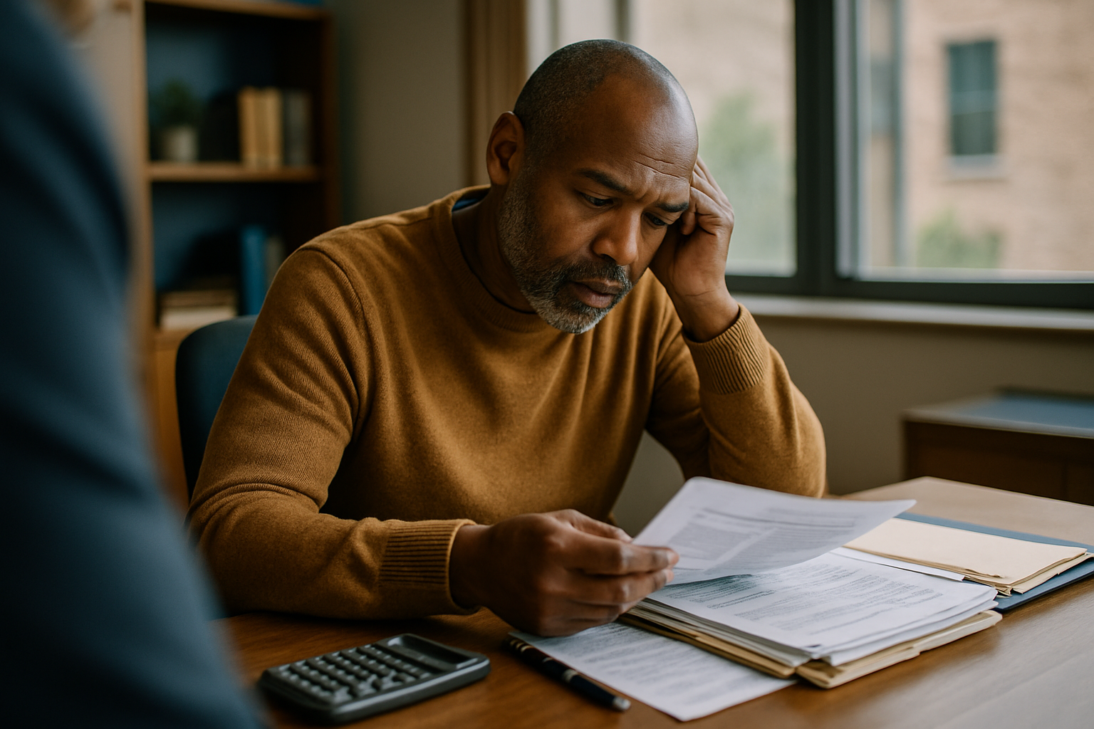 Client at home desk reviewing business financial records with calculator and paperwork.