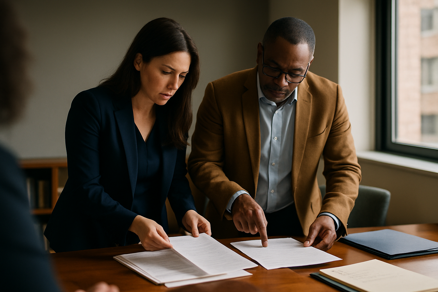 Two professionals standing at a table comparing business financial documents and making notes.