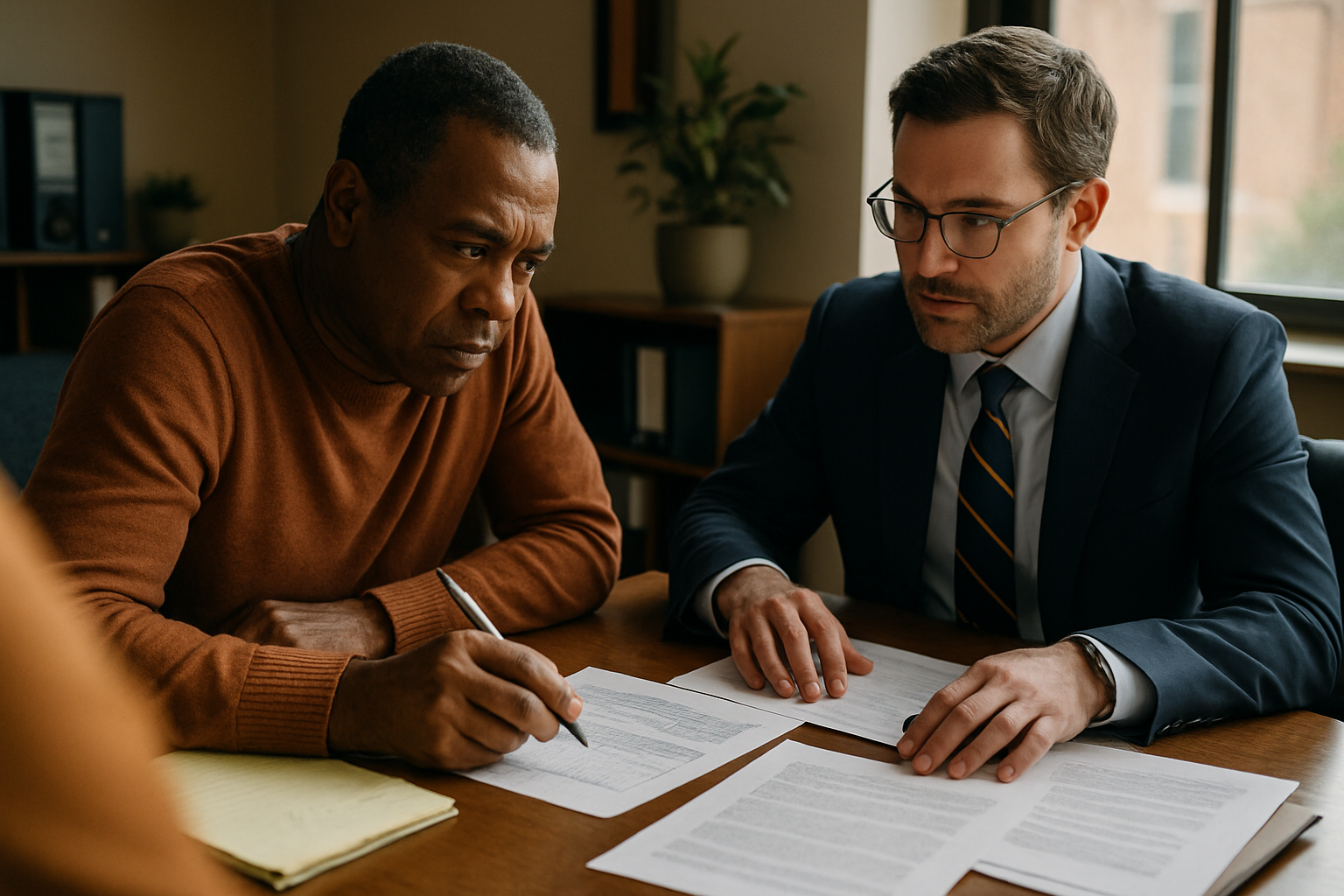 Client and attorney reviewing business financial documents at a desk, papers and records visible between them.
