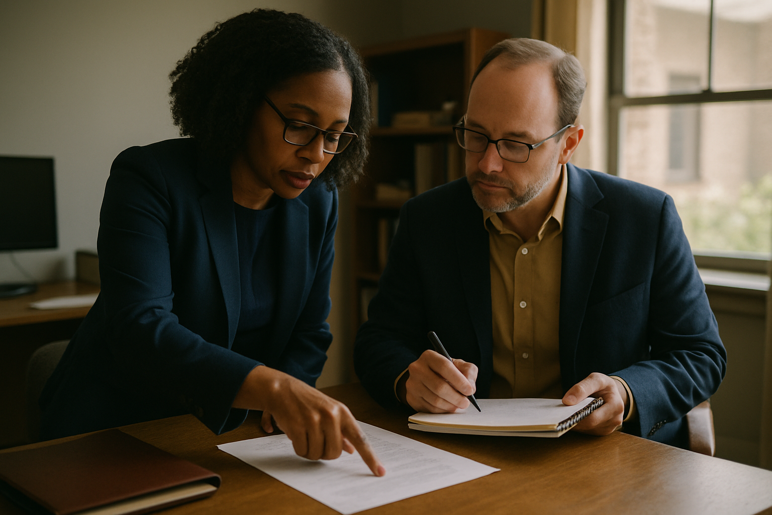 Attorney and financial advisor reviewing documents together at a desk.