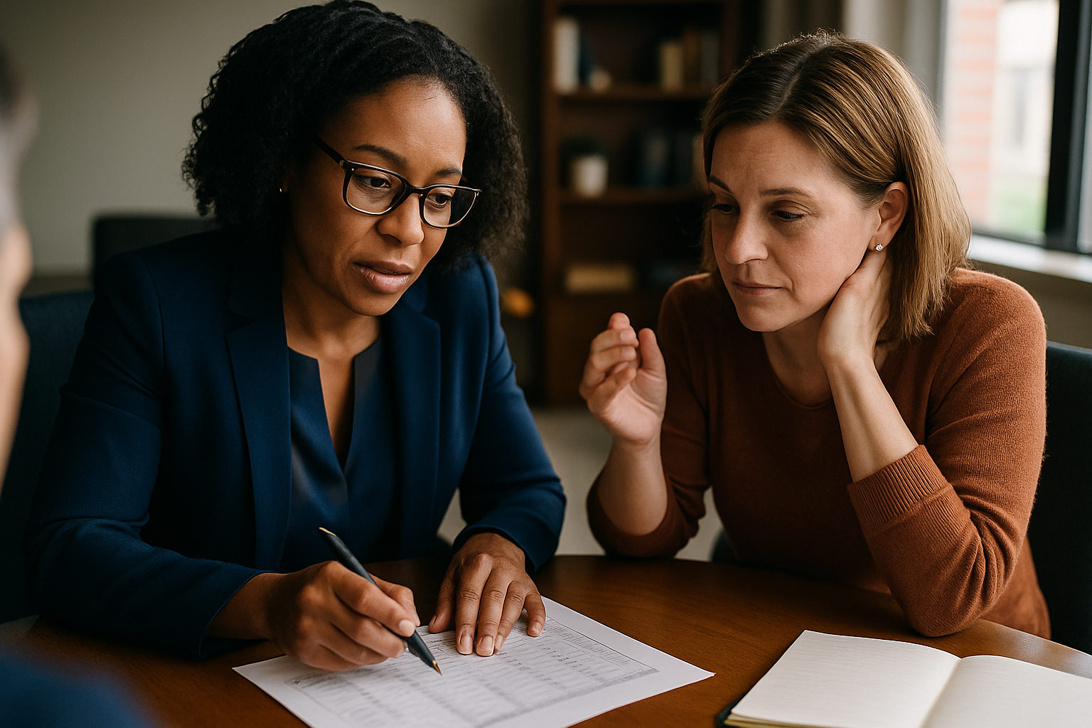 Financial specialist and client reviewing affordability numbers at a table.