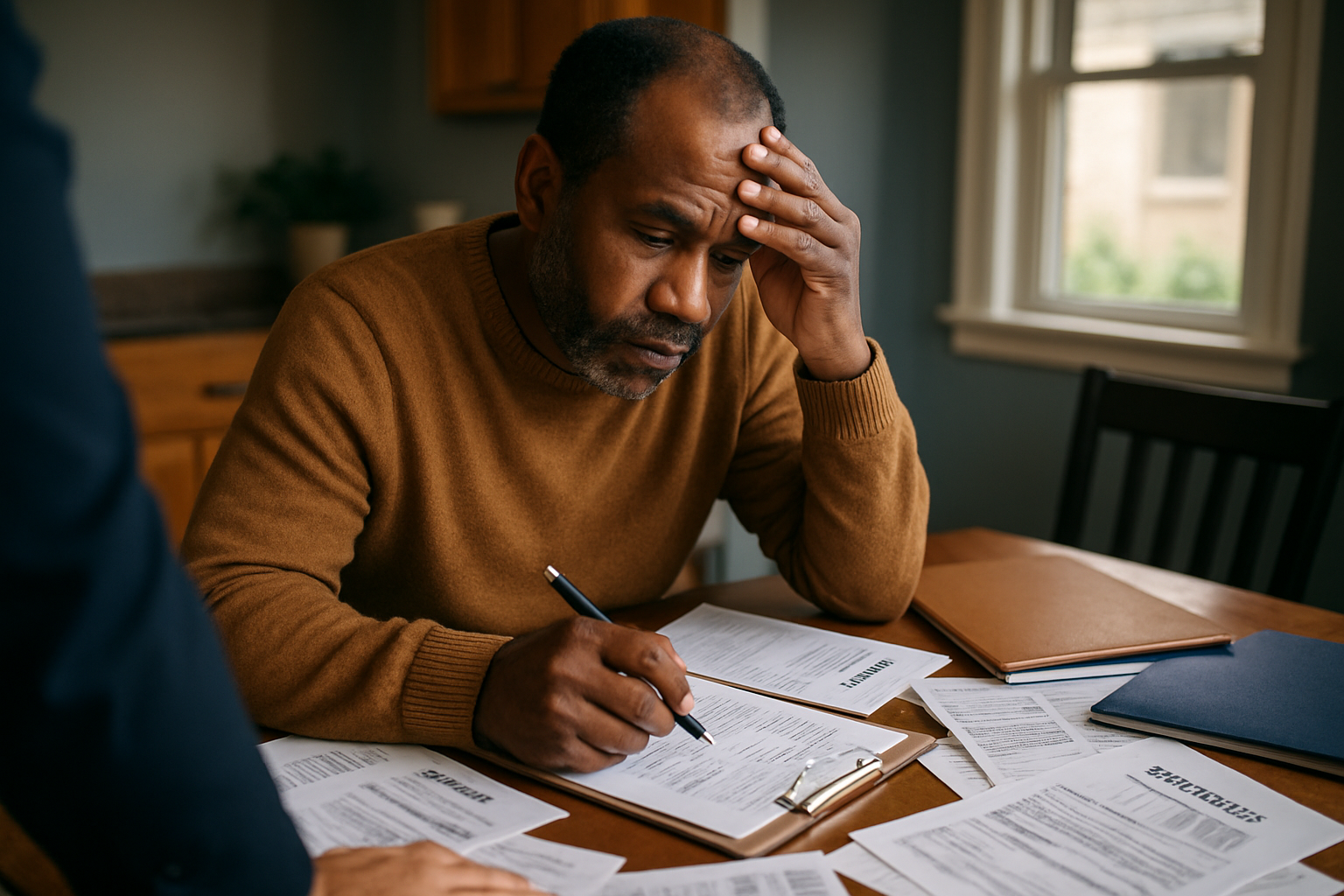 Person at home organizing housing cost documents.