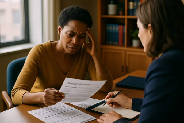 Person at desk reviewing house-related financial documents.