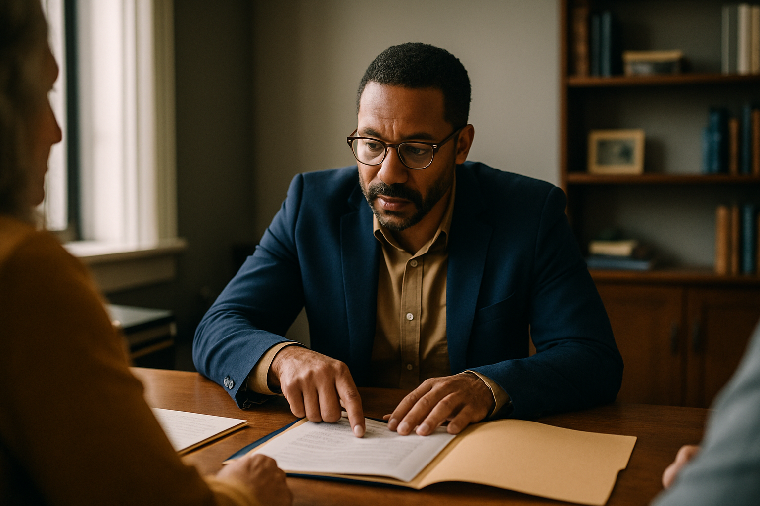 Attorney and client reviewing documents at a desk together