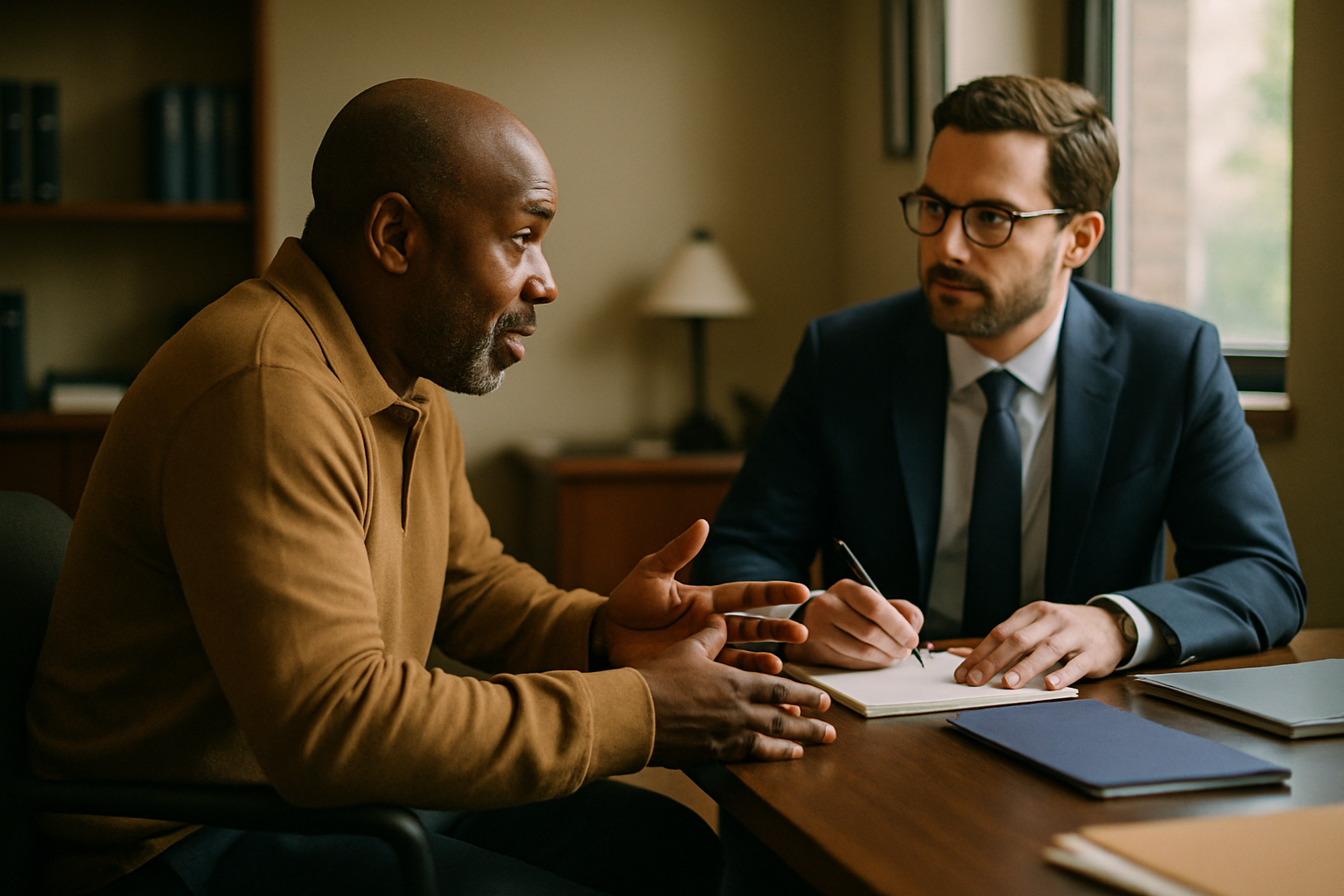 Client speaking with attorney across a desk in an office consultation