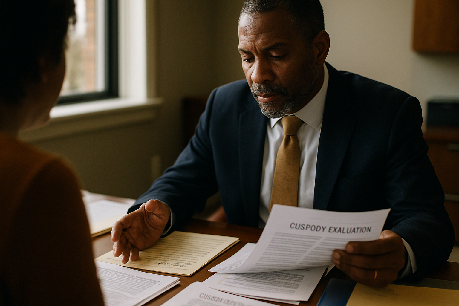 Lawyer reviewing and organizing legal documents at a desk