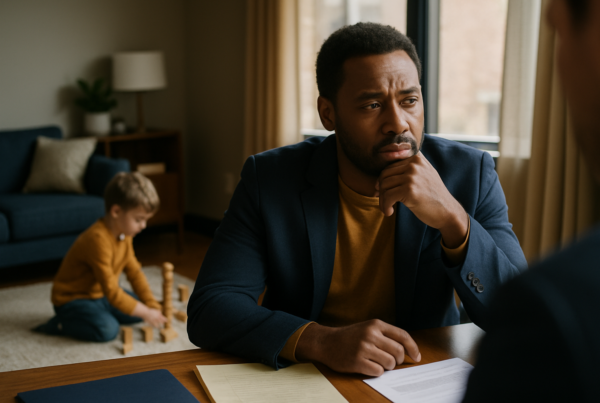 Parent sitting at a table watching a child play in the background