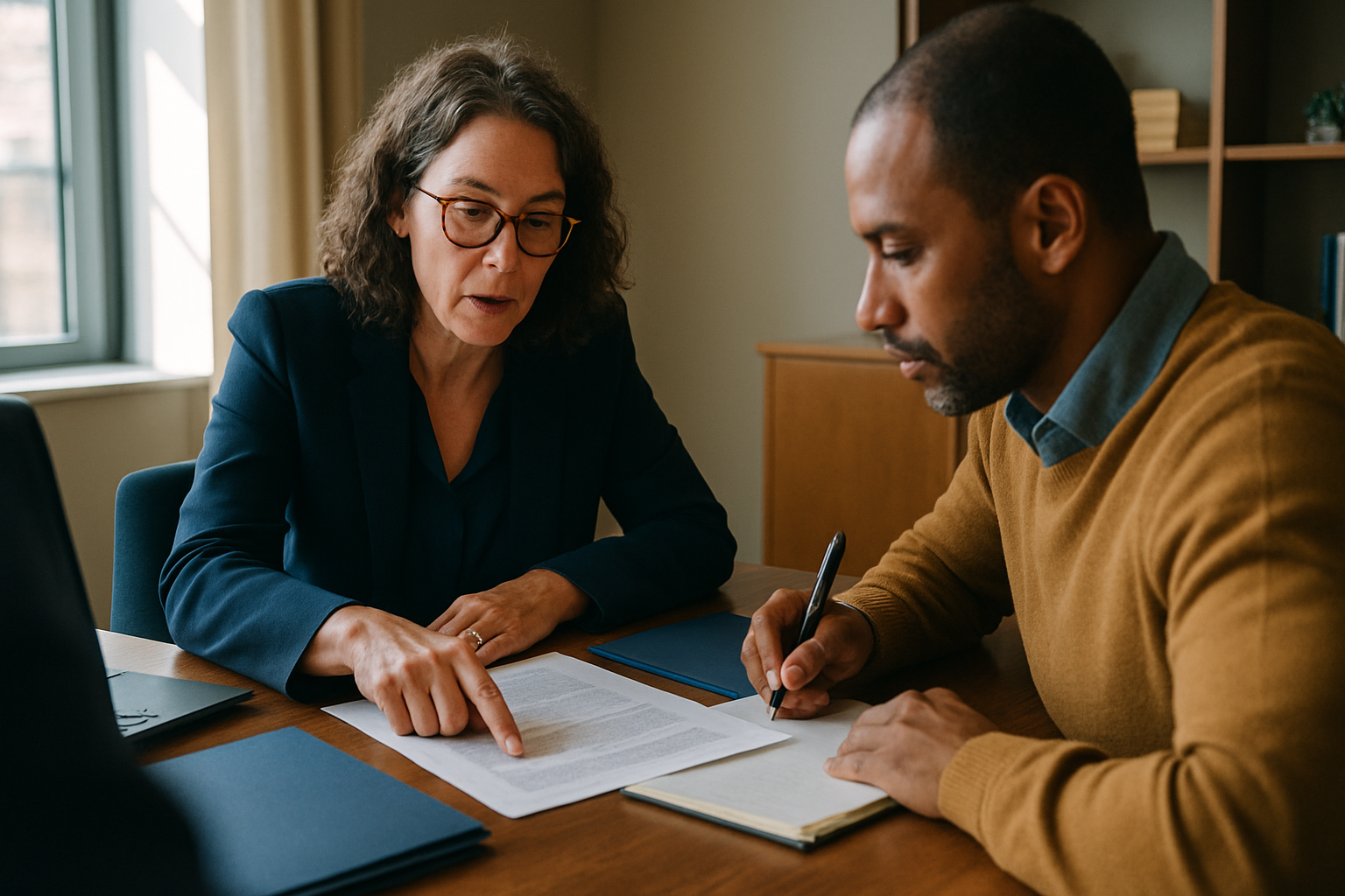 Attorney points to paperwork while seated across from a client taking notes at a desk.