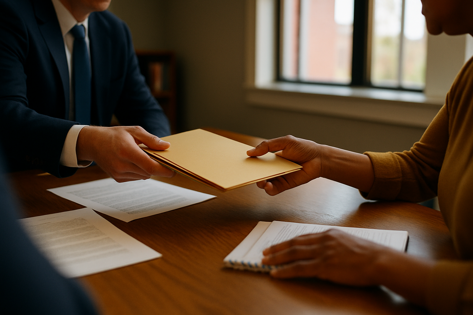 Two people's hands exchanging a folder across a table with documents visible.