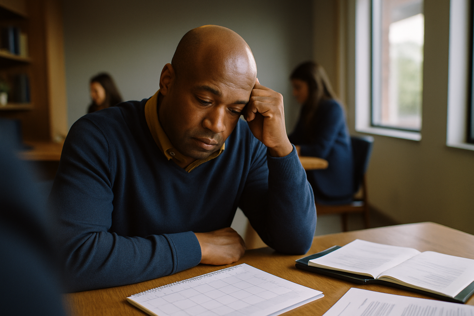 Person seated alone at a table with a calendar and documents, considering their situation.