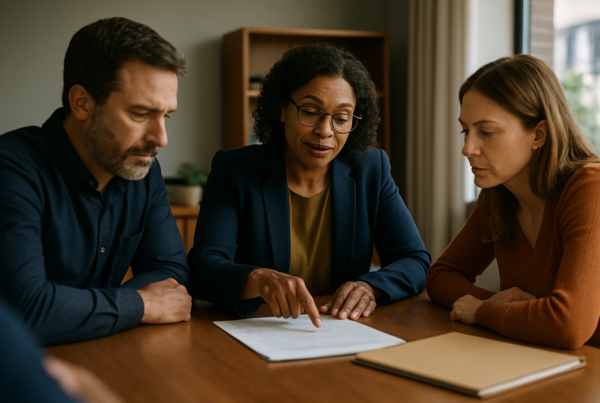 Two people and an attorney seated at a table, reviewing a document together with calm focus.