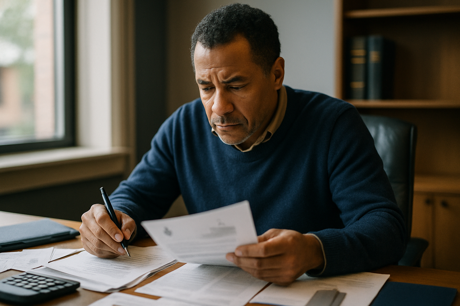 Person at a home desk calculating costs while reviewing financial documents