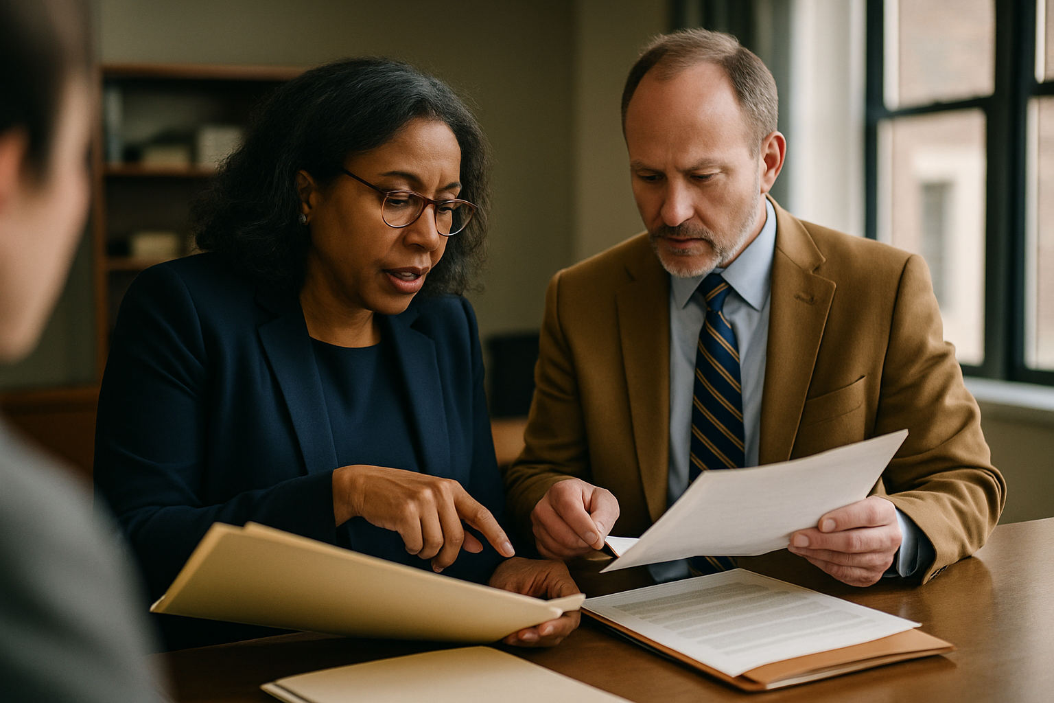 Two legal professionals reviewing multiple case files side by side