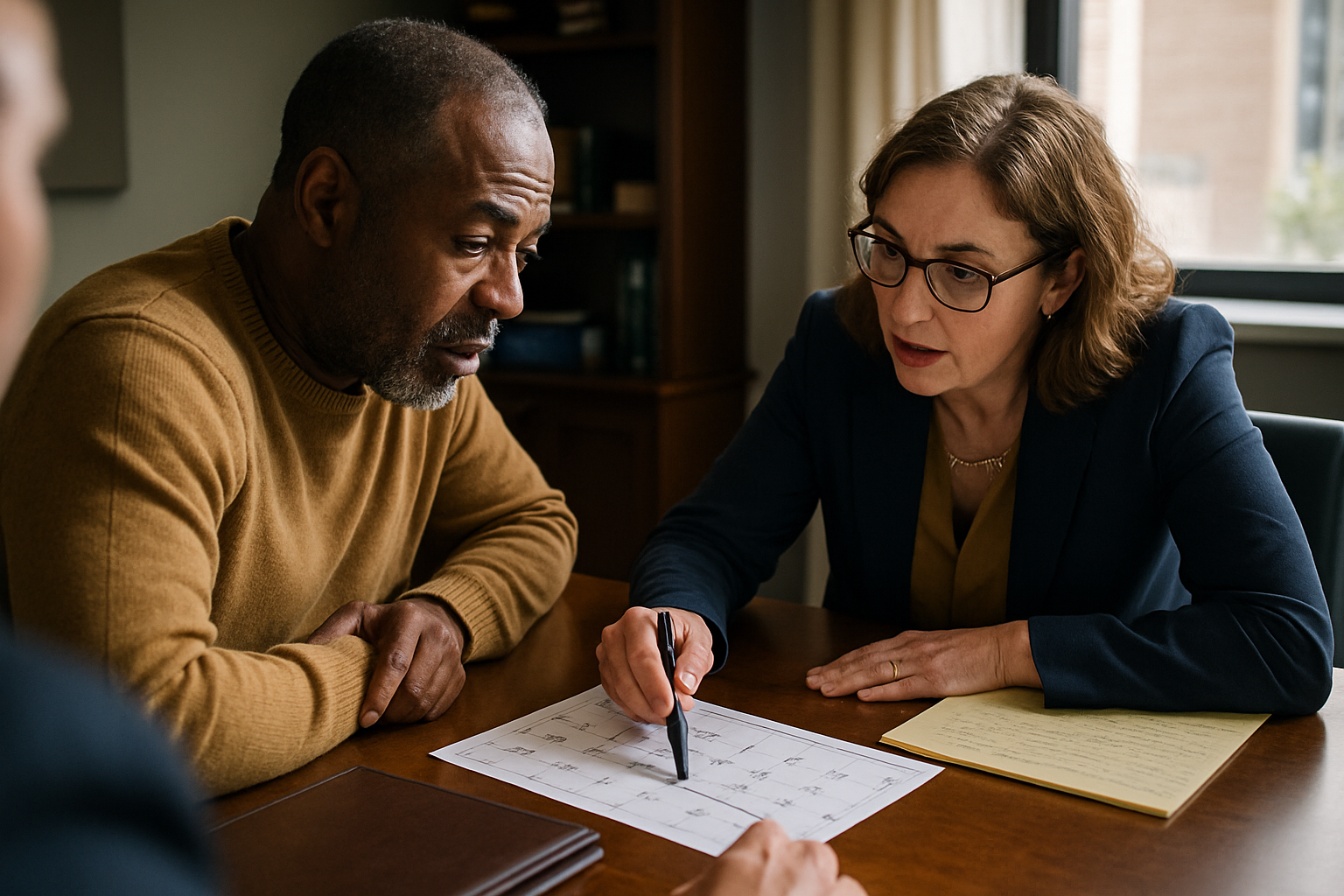 Attorney and client planning timeline and budget on a calendar