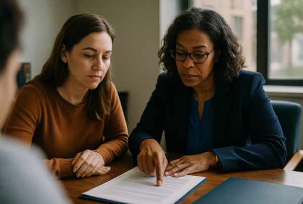 Attorney and client reviewing documents at a desk during a consultation