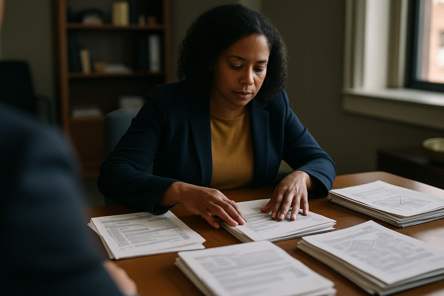 Hands sorting through stacks of financial and property documents