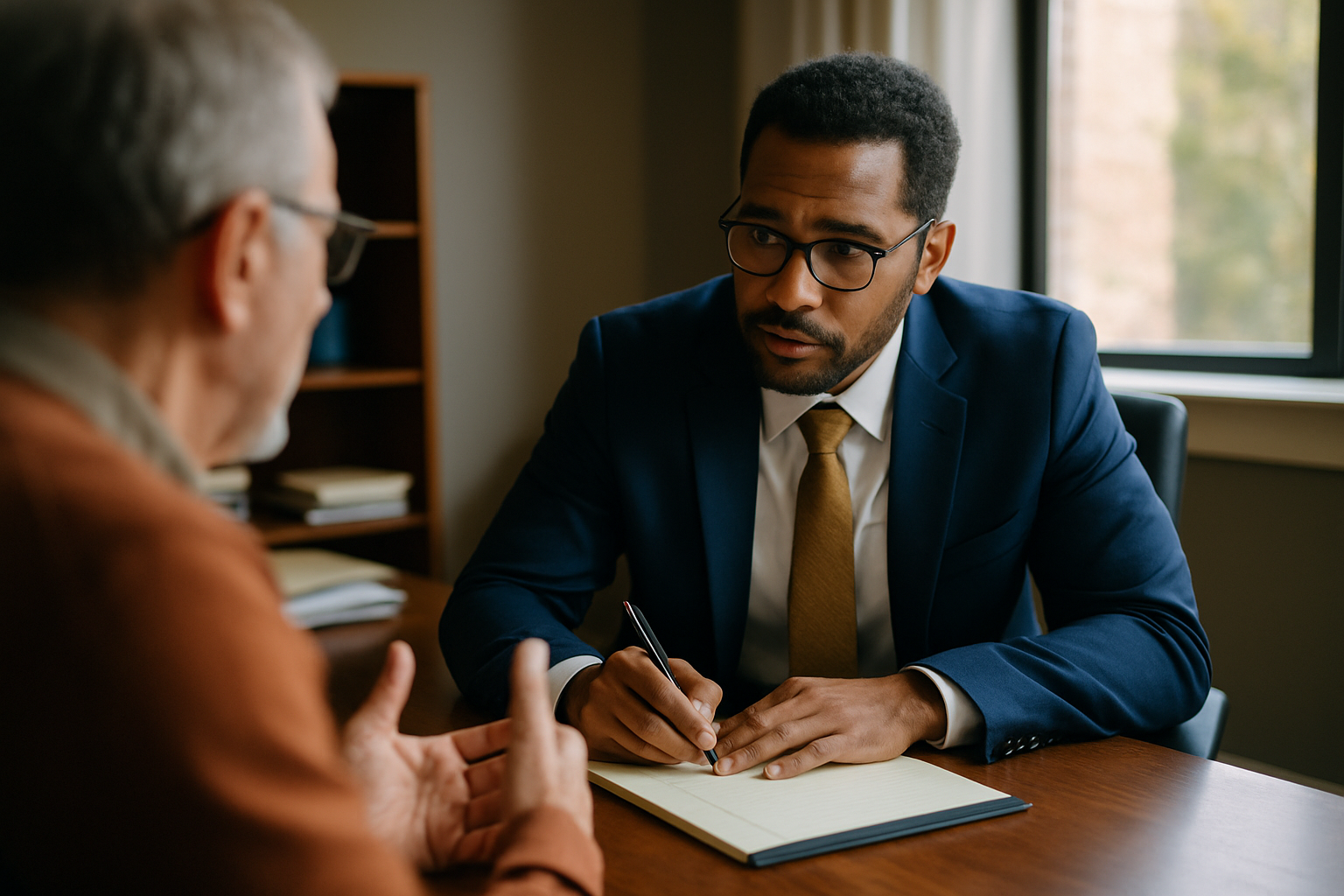 Attorney listening and taking notes during a client consultation
