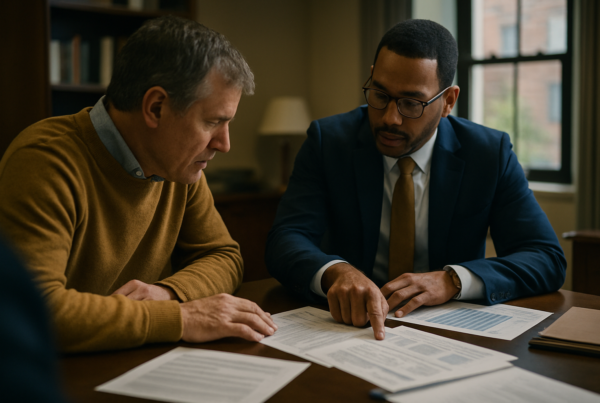 Attorney and client reviewing financial documents at an office desk