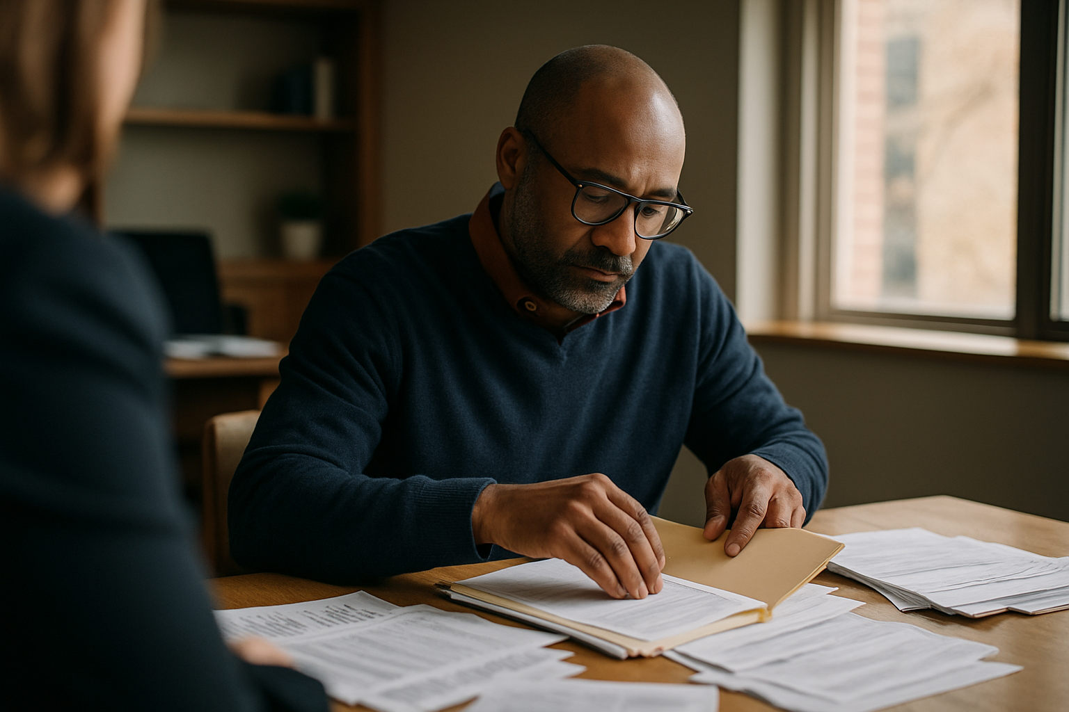 Person at kitchen table organizing financial papers and statements into a pile.