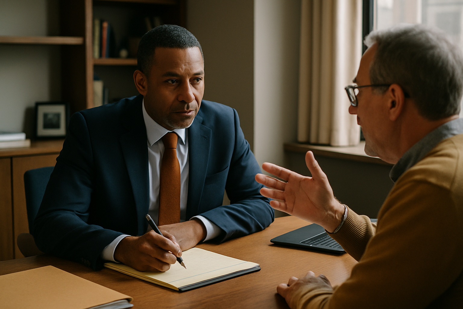 Client speaking with lawyer who takes notes during consultation about finances.