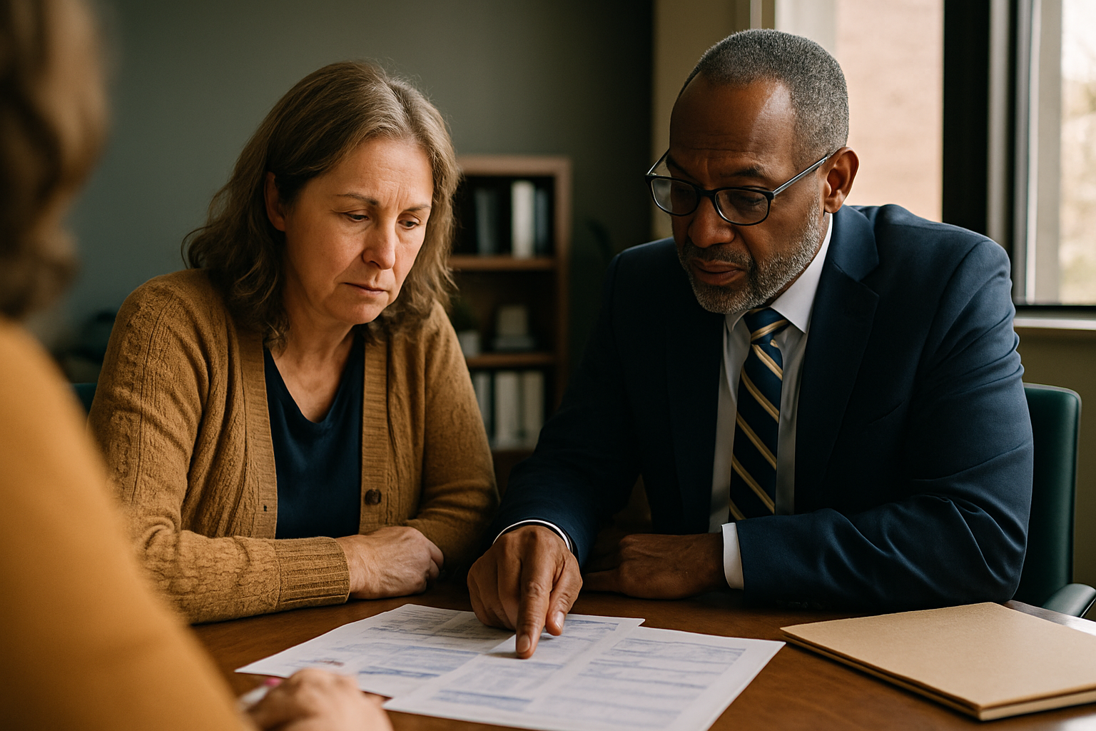 Attorney and client reviewing financial paperwork together at a conference table.