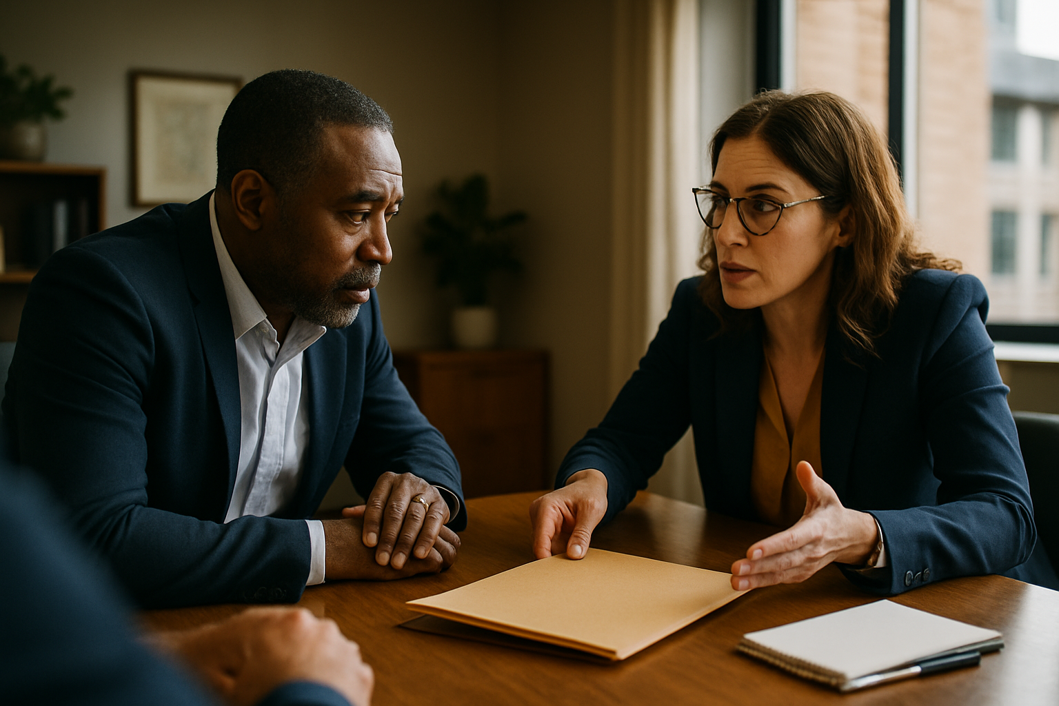 Divorce lawyer and business owner in consultation across conference table