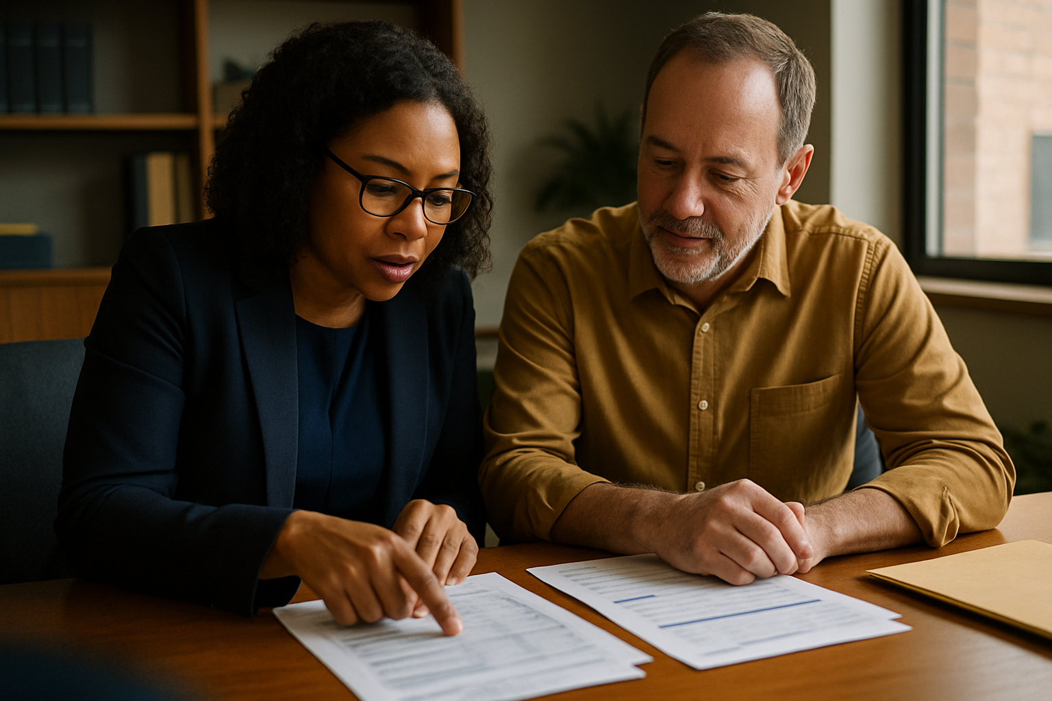 Paralegal and business owner reviewing financial statements together