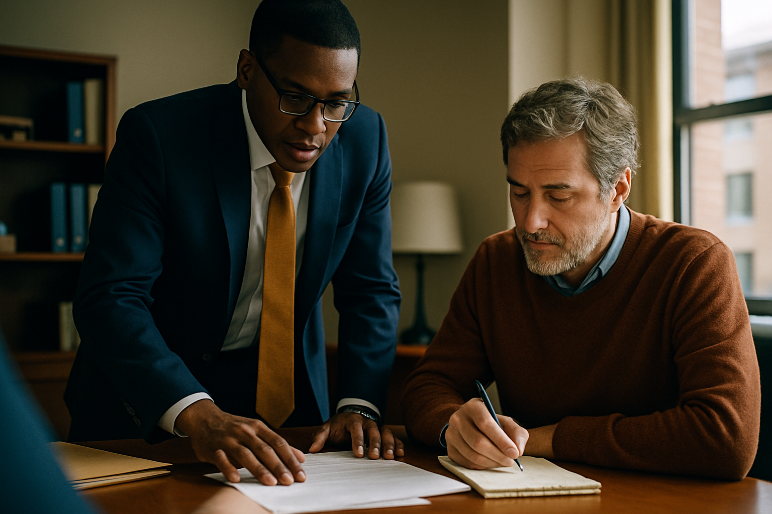 Lawyer explaining asset division rules to client reviewing documents