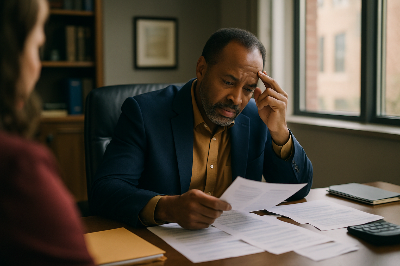 Business owner at desk reviewing papers and documents in office