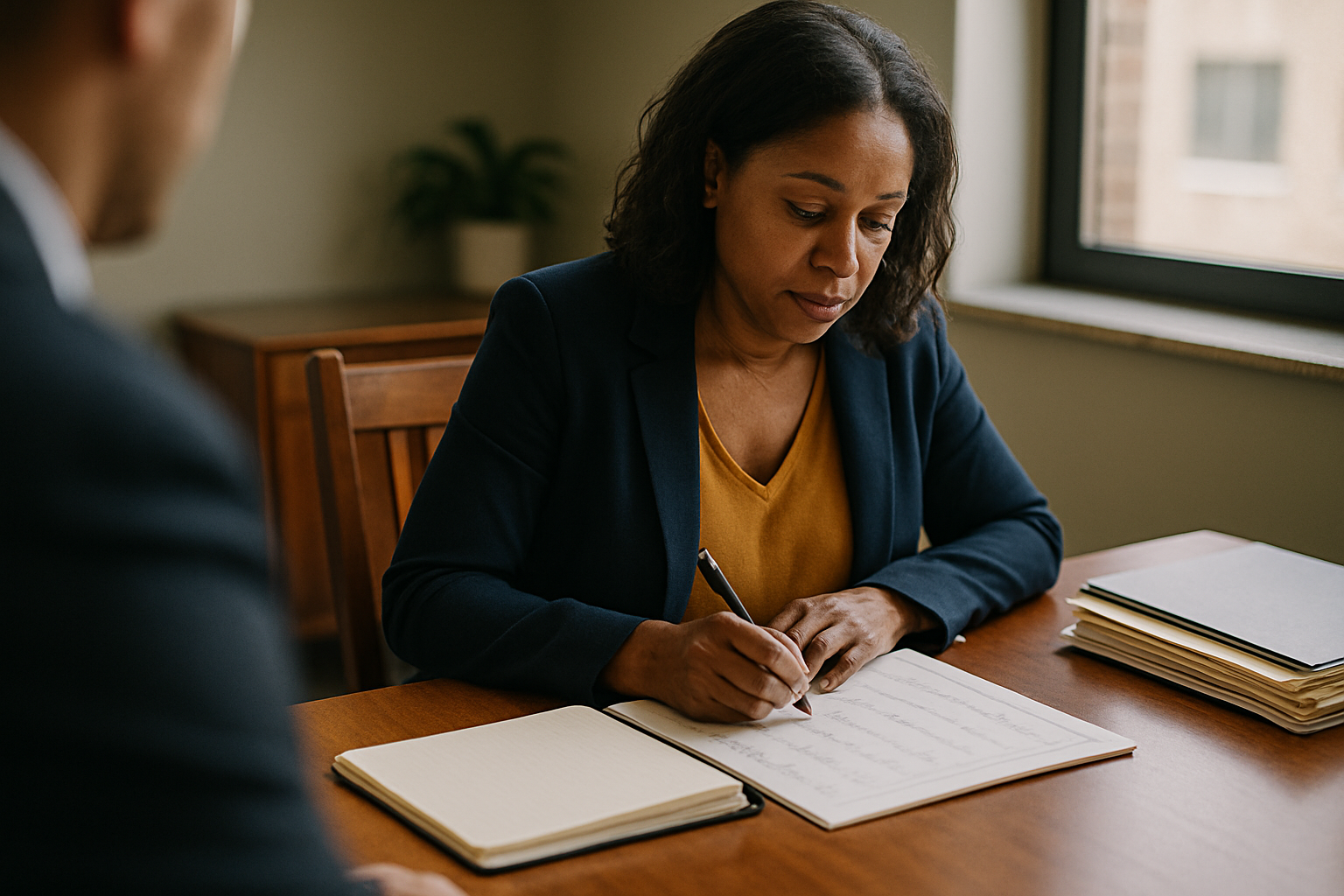 Someone at a kitchen table with a calendar, notebook, and papers, documenting years of marriage.