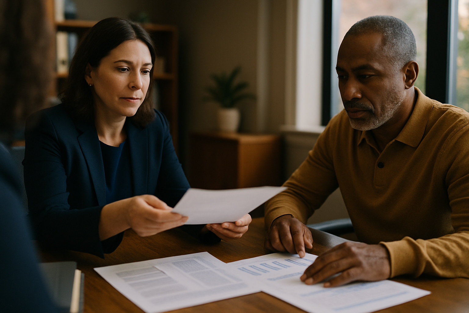 A paralegal and client examining financial documents across a desk in an office.