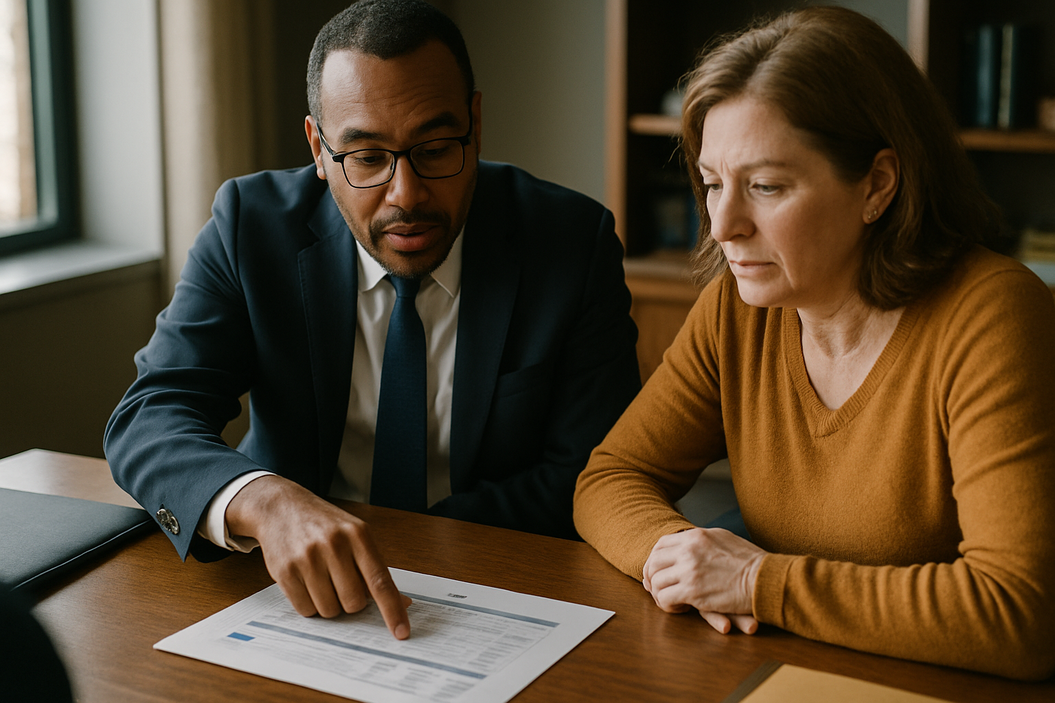 An attorney pointing to financial information on a chart while consulting with a client.