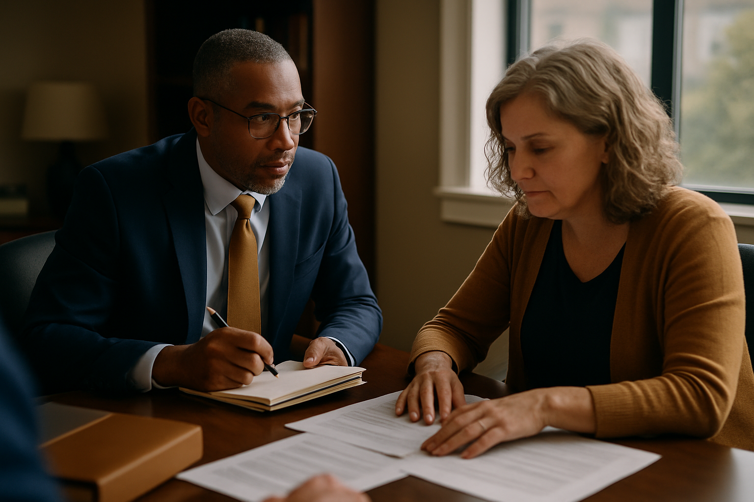 An attorney and client at a desk reviewing papers together in an office setting.