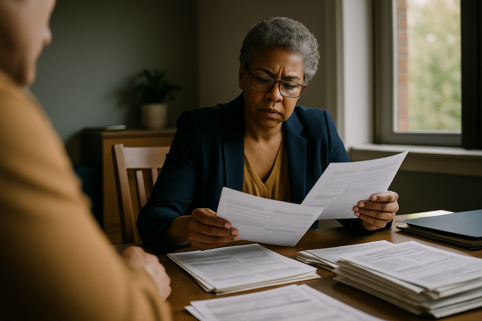 Person seated at a table with multiple financial documents and statements spread out in front of them.
