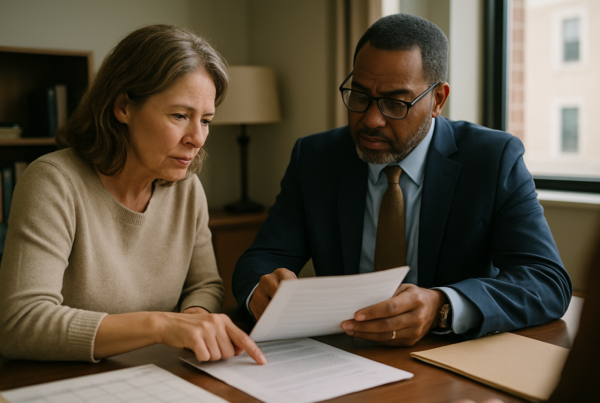 Attorney and client lean over a document at a desk, with papers and a calendar visible.