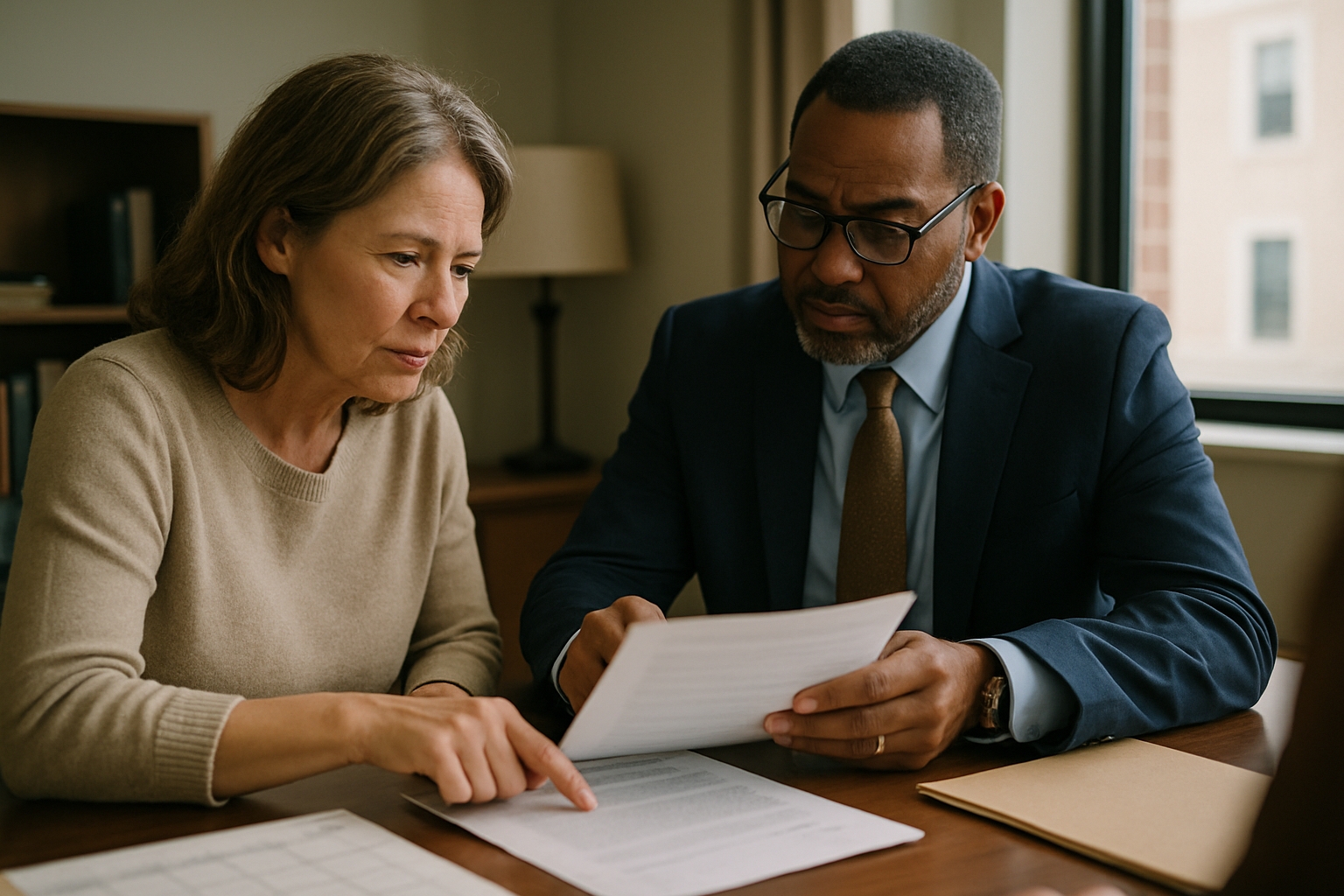 Attorney and client lean over a document at a desk, with papers and a calendar visible.