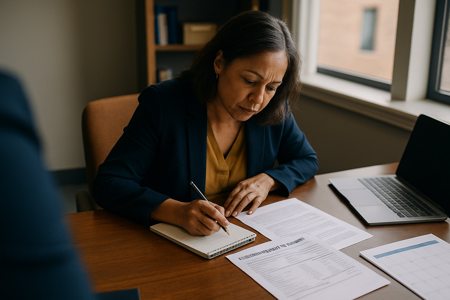 Person at home desk working through military benefits and deployment records.